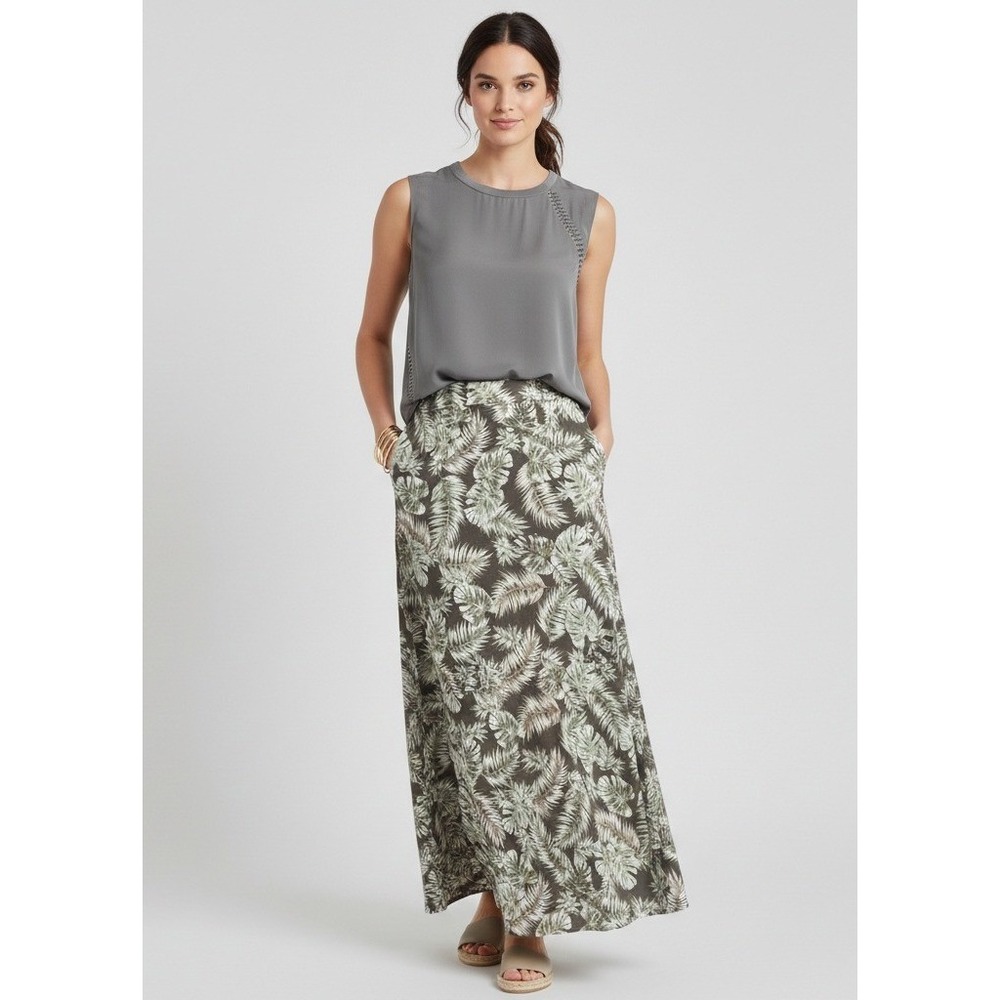 J. Jill Maxi Skirt Medium TALL Womens Brown Tropical Leaf Print Pull On Stretch - Picture 1 of 10